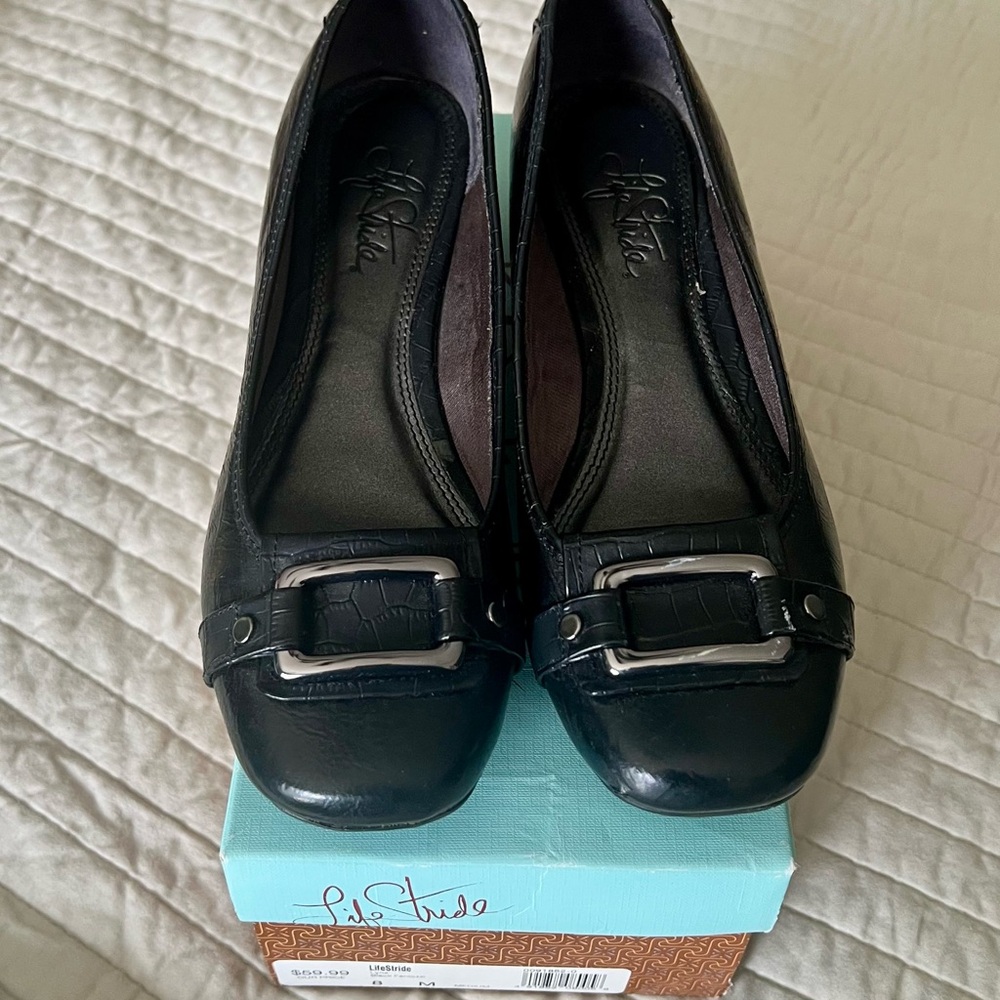 Life Stride Black Slip on Shows with Square Toe and Buckle